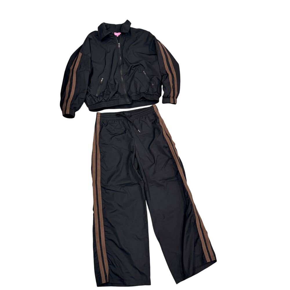 Edikted Kieran Stripey Nylon Track Set Suit Black Brown Medium Set